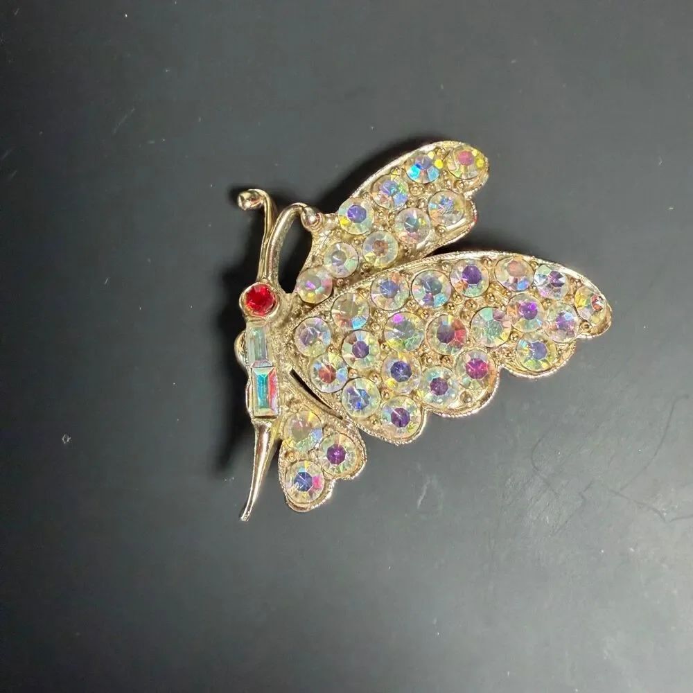 Vintage Style Aurora Borealis Rhinestone Butterfly Brooch Pin Red Eye Gold Tone